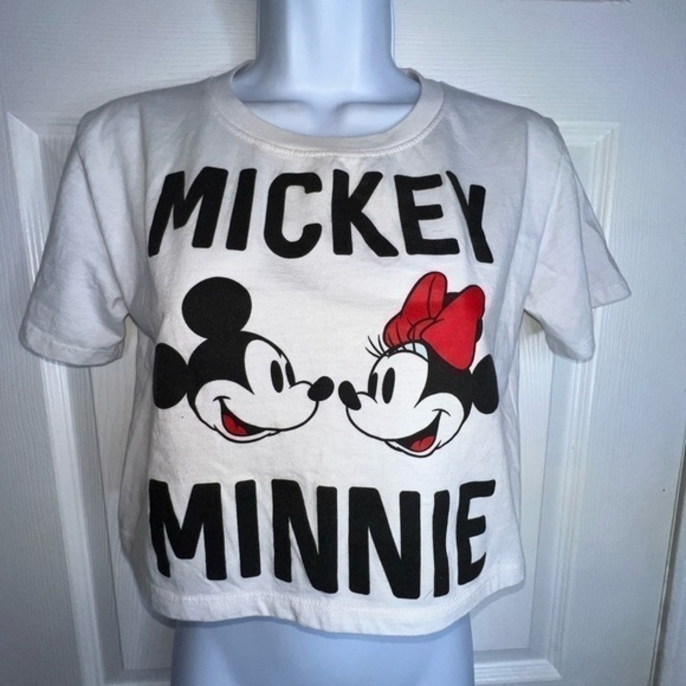Disney Women’s X Small White Mickey Minnie Face Crop Top Short Sleeve T Shirt XS